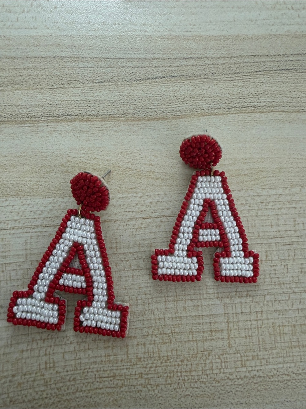 Beaded Letter A Earrings in Red and White